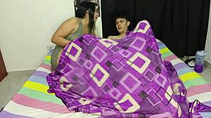 Young Colombian jerks off to Spanish porn on his phone, stepmom helps out