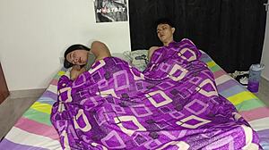 Young Colombian jerks off to Spanish porn on his phone, stepmom helps out