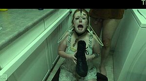 Redhead submissive Siren enthusiastically eats cum from boot in messy domination scene 😈