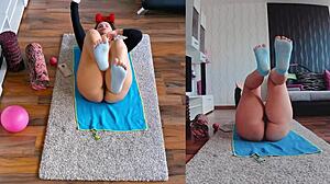 check out this wet naked yoga workout with curvy milf spreading her big ass