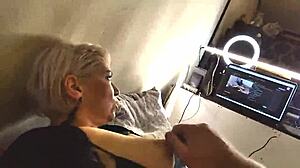 Aimee MILF sucks cocks in group scene.