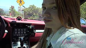 Mazy myers learns driving while getting frisky in car