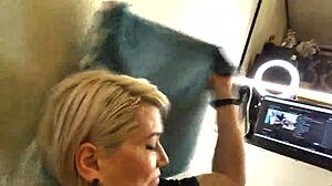 Aimee MILF sucks cocks in group scene.