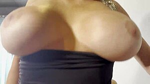 Bent over brunette gets cum on tits from lucky Tinder date.