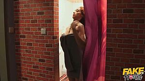 Sexy girl in fake hostel with friends