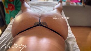 Brunette Wife with Tan Lines and Big Ass Gives Juicy POV Massage With Cameltoe in String Thong.