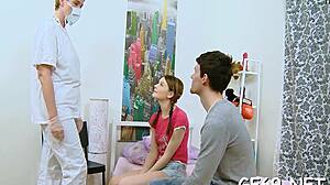 Innocent honey pounded by two hunks