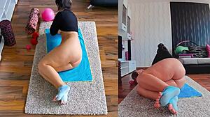 Curvy milf spreads asshole in naked yoga workout dual cam.
