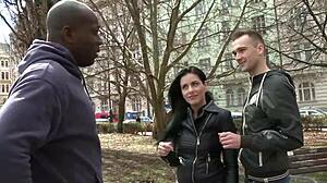 Dark haired babe in red lingerie gets shaved pussy licked before big black cock assfucking