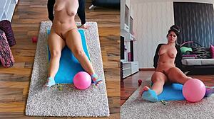 Curvy milf spreads asshole in naked yoga workout dual cam.