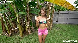 pussy goes wild over banana play in steamy session. small tits and shaved curves get a messy facial!