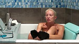 Bathing session with stella involving shaving in the bathroom