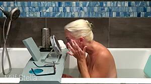 MILF Stella's smooth shave and solo bath in POV