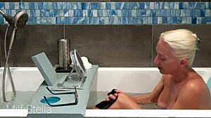 Bathing session with stella involving shaving in the bathroom