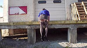 why is this curvy milf showing off her anus at the loading docks in sexy lingerie?