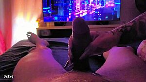 Stepmom gives handjob with long nails.