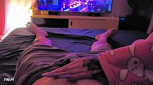 Stepmom gives handjob with long nails.