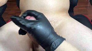 Handjob with a glove, best friend's cock, and a facial finish