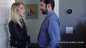 Couple ties up slave for rough bondage domination and fucking.