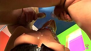 Latex-clad BDSM babe gets double-stuffed and cum-covered