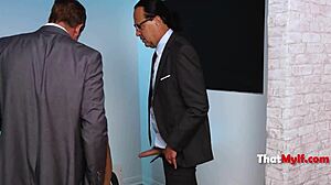 Milf gets wet during interrogation parody.