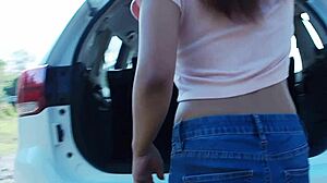 Asian girl Tina's outdoor adventure with big cock sucking