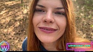 Redhead wife satisfies her husband in nature's beauty