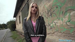 public agent finds genuine model prospect kneeling for big cock action