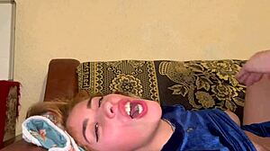 Teen babe gags on pornstar's cock with sloppy throat fucking and ball licking