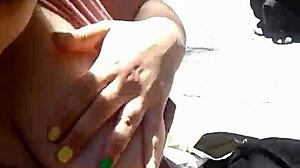 Girlfriend with Huge Tits Rubs Them Outdoors in Public