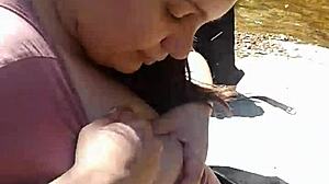 Girlfriend with Huge Tits Rubs Them Outdoors in Public