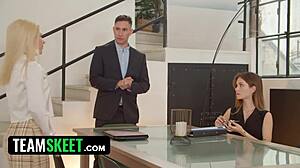 Desperate for Stress Relief with a Wild Threesome and Big Cock Action. Blonde Boss Joins Double Play.