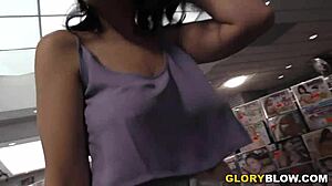 Busty Michele James sucking BBC through a Gloryhole, showcasing her skills