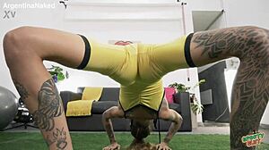 I see huge puffy cameltoe on skinny tattooed babe at gym