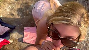 Beautiful blonde teen gives blowjob in mountains