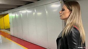 Blonde makes a blowjob in public and swallows the man's cock