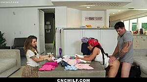 Stepdaddy Freeusing Wife And Stepdaughter While Cleaning House.