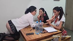 Threesome students and teacher with ass domination toys lesbian group dildo