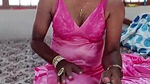 Sexy Indian CD Lara D'Souza in pink satin nighty 3