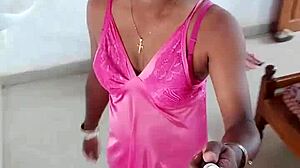 Sexy Indian CD Lara D'Souza in pink satin nighty 3