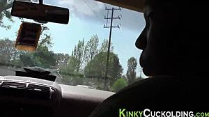 Cuckolding mistress Jizzy humiliates with facial and blowjob threesome.