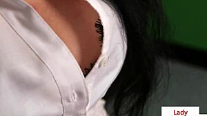 A hot British woman in her office makes her subordinate jerk off