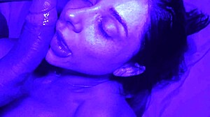Blue light room: the guy rewarded the girl with a beaver