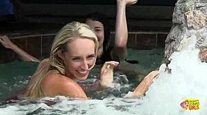 Amazing outdoor pool sex with pretty blonde and busty brunette