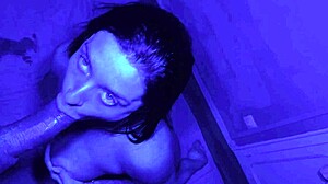 Blue light room: the guy rewarded the girl with a beaver