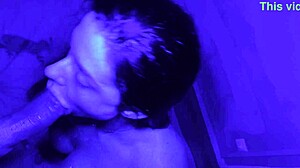 Blue light room: the guy rewarded the girl with a beaver