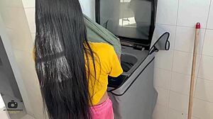 Latina pair face intense action near washing area