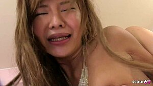Petite tanned Japanese teen gets dripping creampie after rough uncensored sex