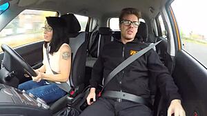 Fake driving school with beautiful brunette jenifer jane and her instructor in a car scene