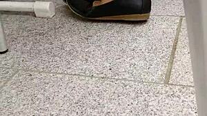 Detailed shoeplay and dipping featuring tan nylons and flats in see-through leggings